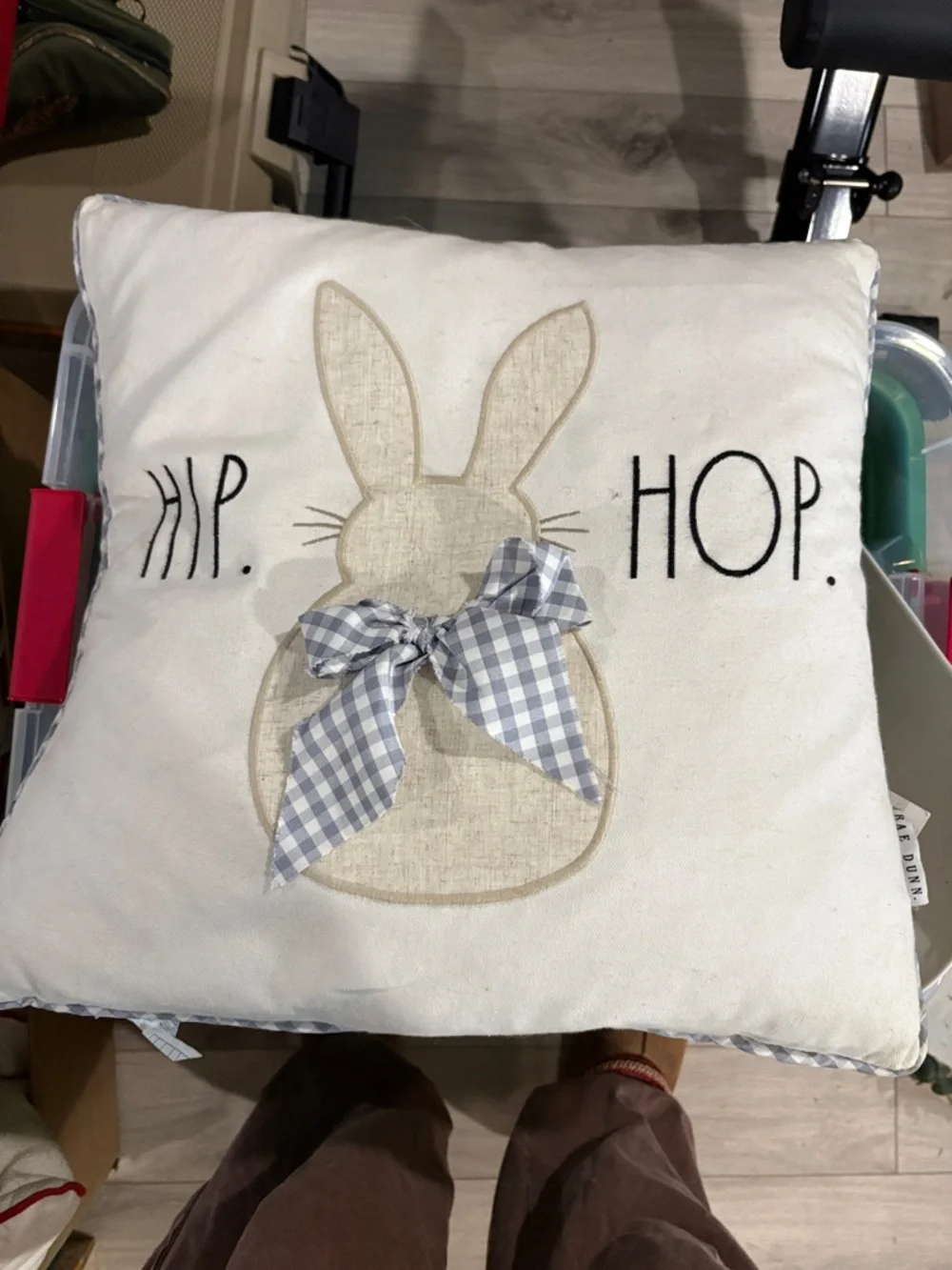 Hip Hop Beige Bunny Decorative Pillow with Gingham Bow